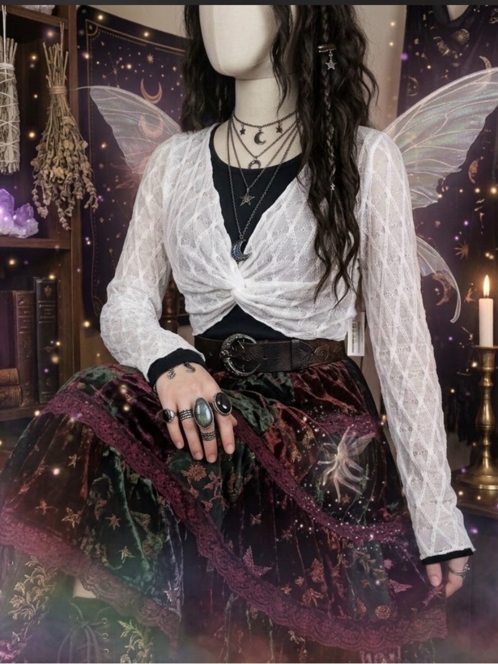 Whimsigoth Fairycore White Front Twist Lace  Crop Top Long Sleeve Small NWT